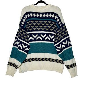 Vintage John Weitz Preppy Geometric Holiday Sweater in Green, Tan, & Cream, M
